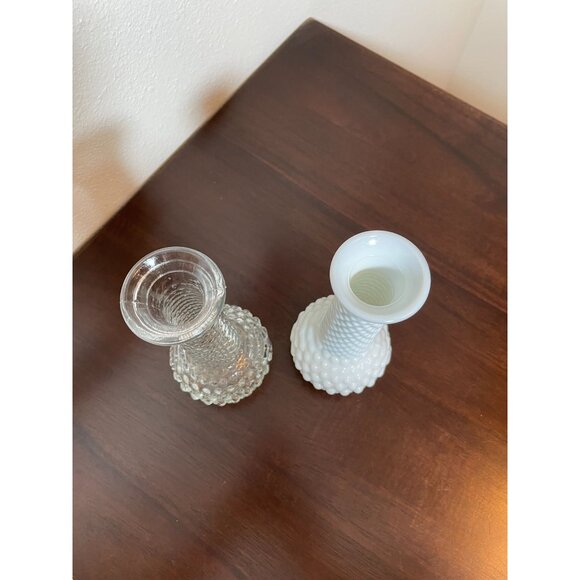 Vintage EO Brody Bud Vases - Set! Clear Glass and Milk Glass Hobnail pattern - Picture 4 of 5